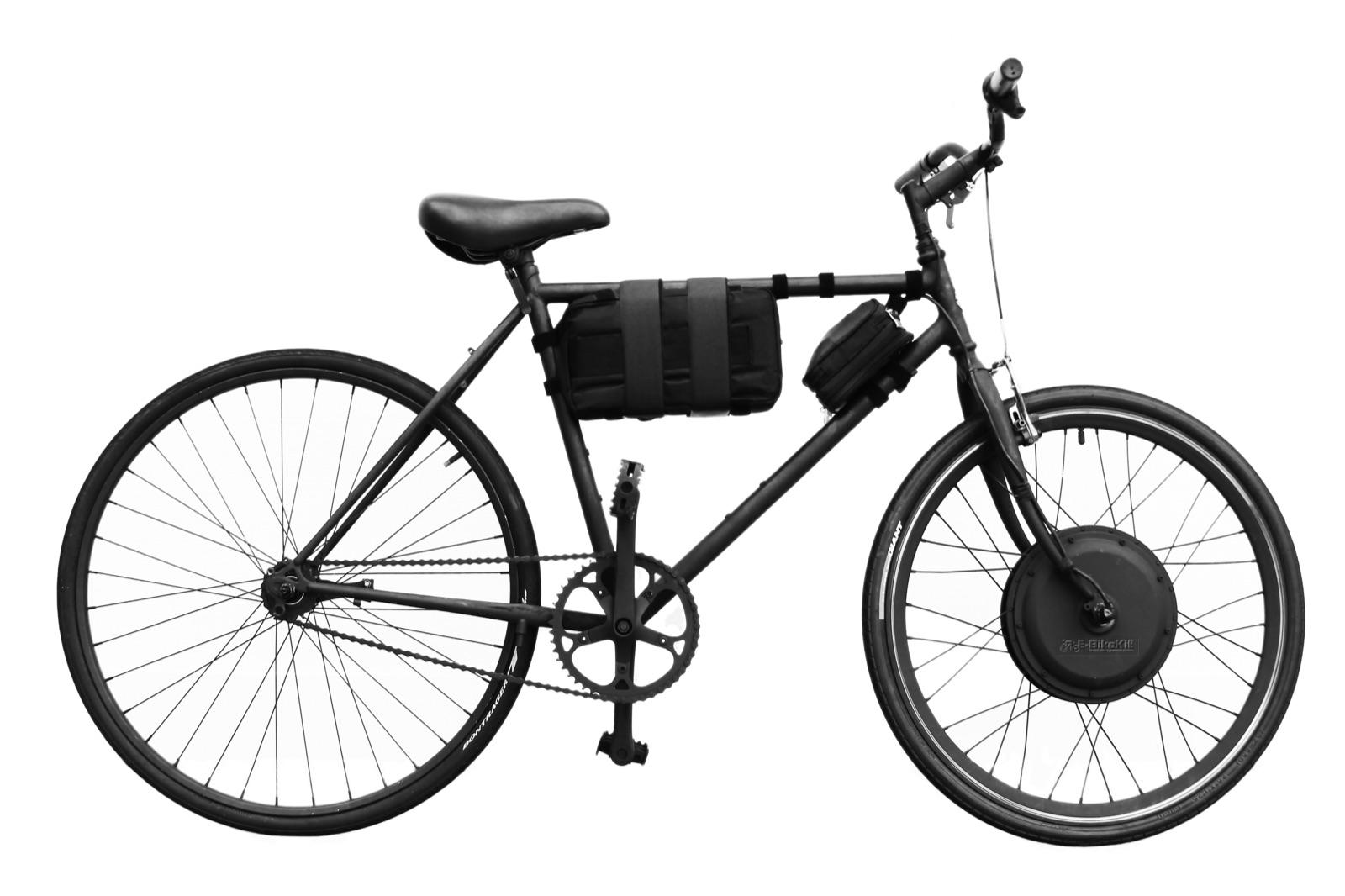 An electric bicycle with a hub motor and frame-mounted battery, side view