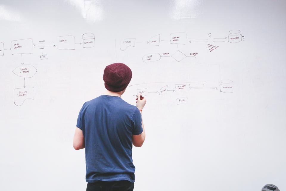 A man sketching a process flowchart on a whiteboard