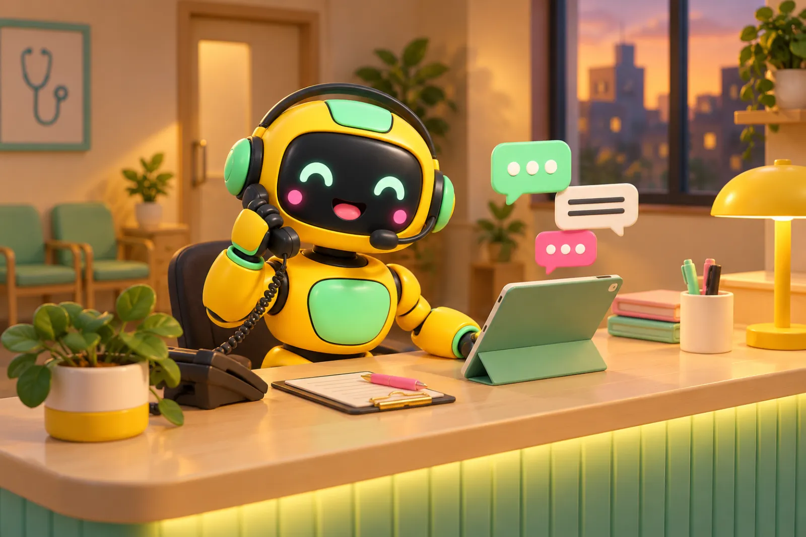 Illustration: a clay robot receptionist answering at a clinic front desk after hours