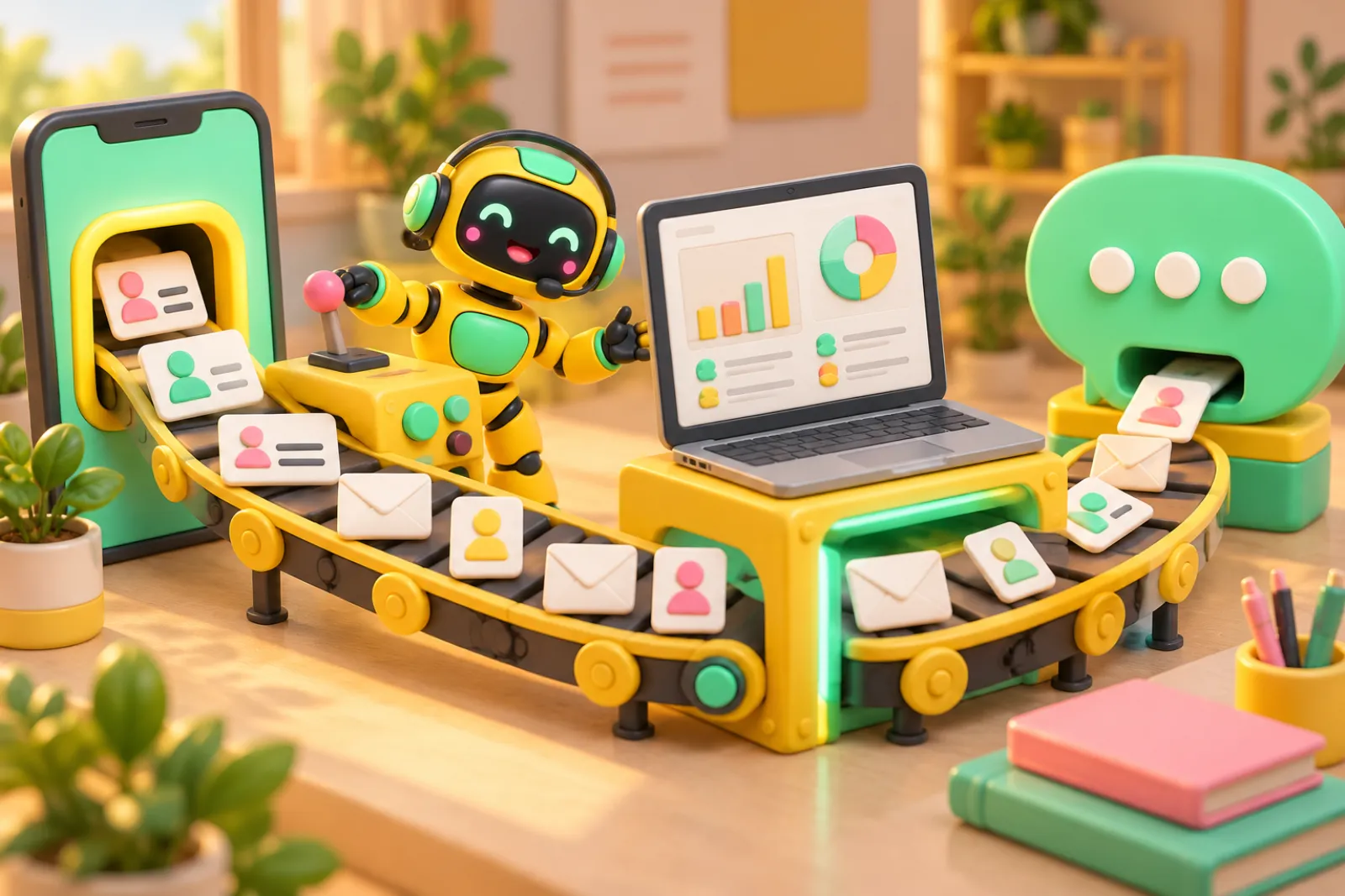 Illustration: leads travelling on a conveyor from a phone to a dashboard to a chat window